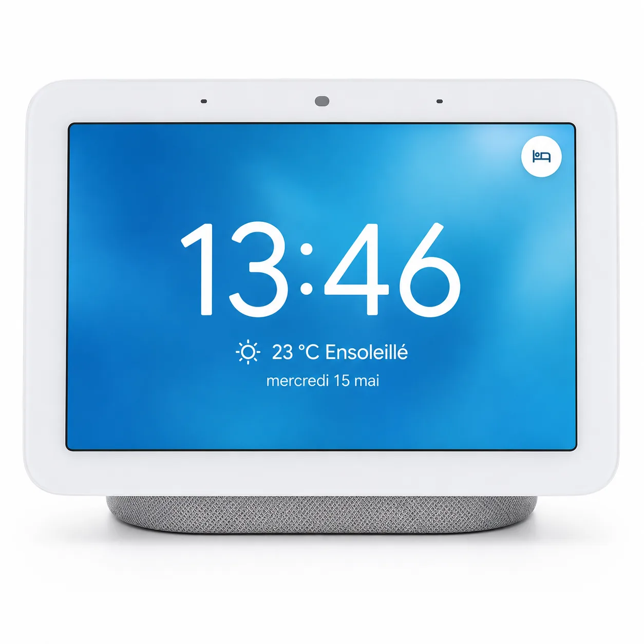 Google Nest Hub réparé affichant l'heure et la météo normalement